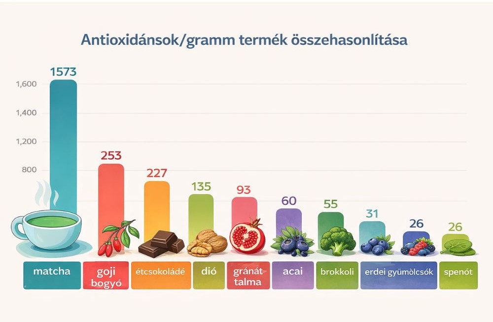 Oszlopdiagram az antioxidáns tartalom összehasonlításáról grammonként: matcha, goji bogyó, étcsokoládé, dió és más élelmiszerek