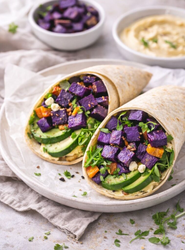Tekert tortilla lila édesburgonya kockákkal, uborkával, fetával és zöldekkel megtöltve