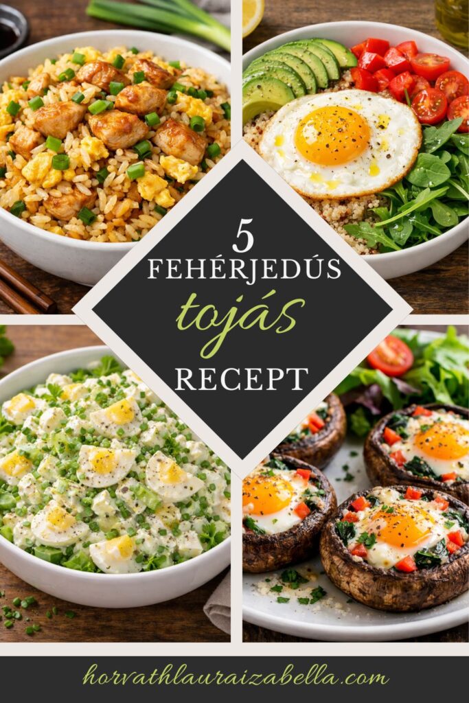 Pinterest grafika 5 fehérjedús tojásos recepthez: csirkés sült rizs tojással, avokádós-paradicsomos tükörtojásos bowl, tojásos-borsós saláta és gombafejben sült tojás
