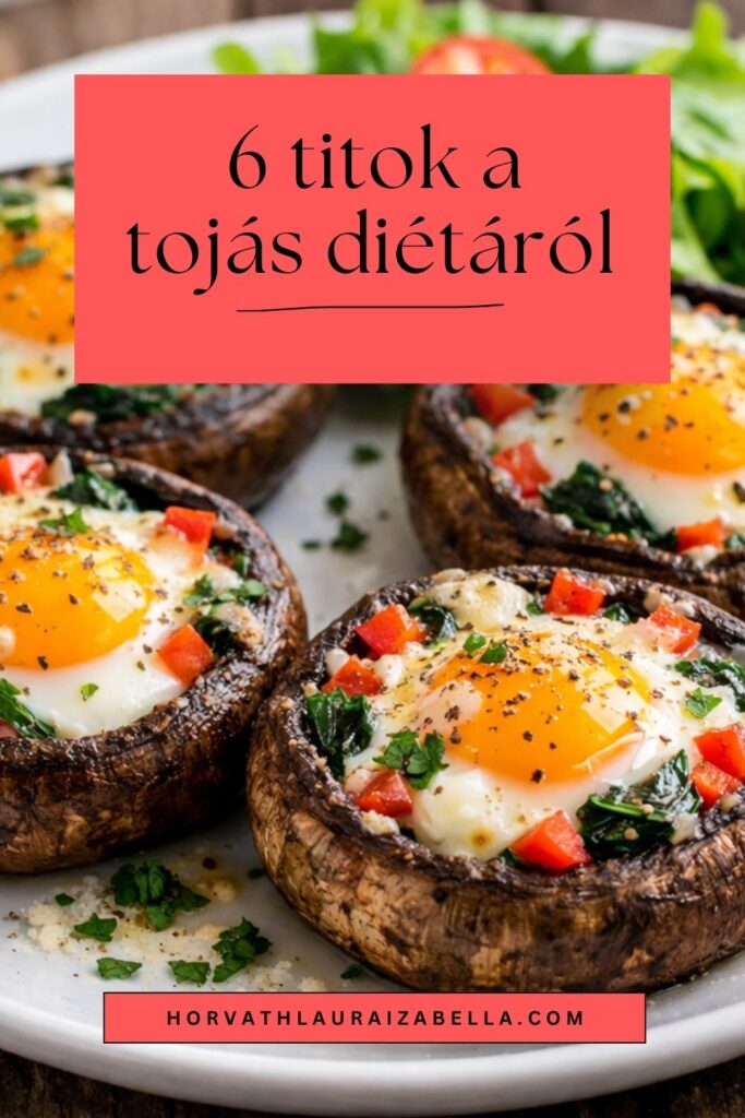 6 titok a tojás diétáról – rántott tojás sült gombával, spenóttal és paprikával díszítve