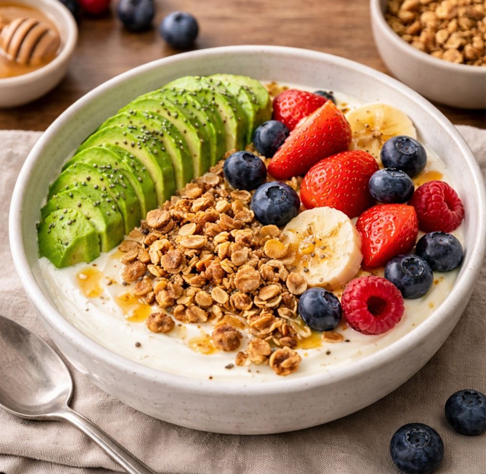 Avokádos joghurt tál szeletelt avokádóval, eperrel, áfonyával, banánnal, granolával és mézzel díszítve