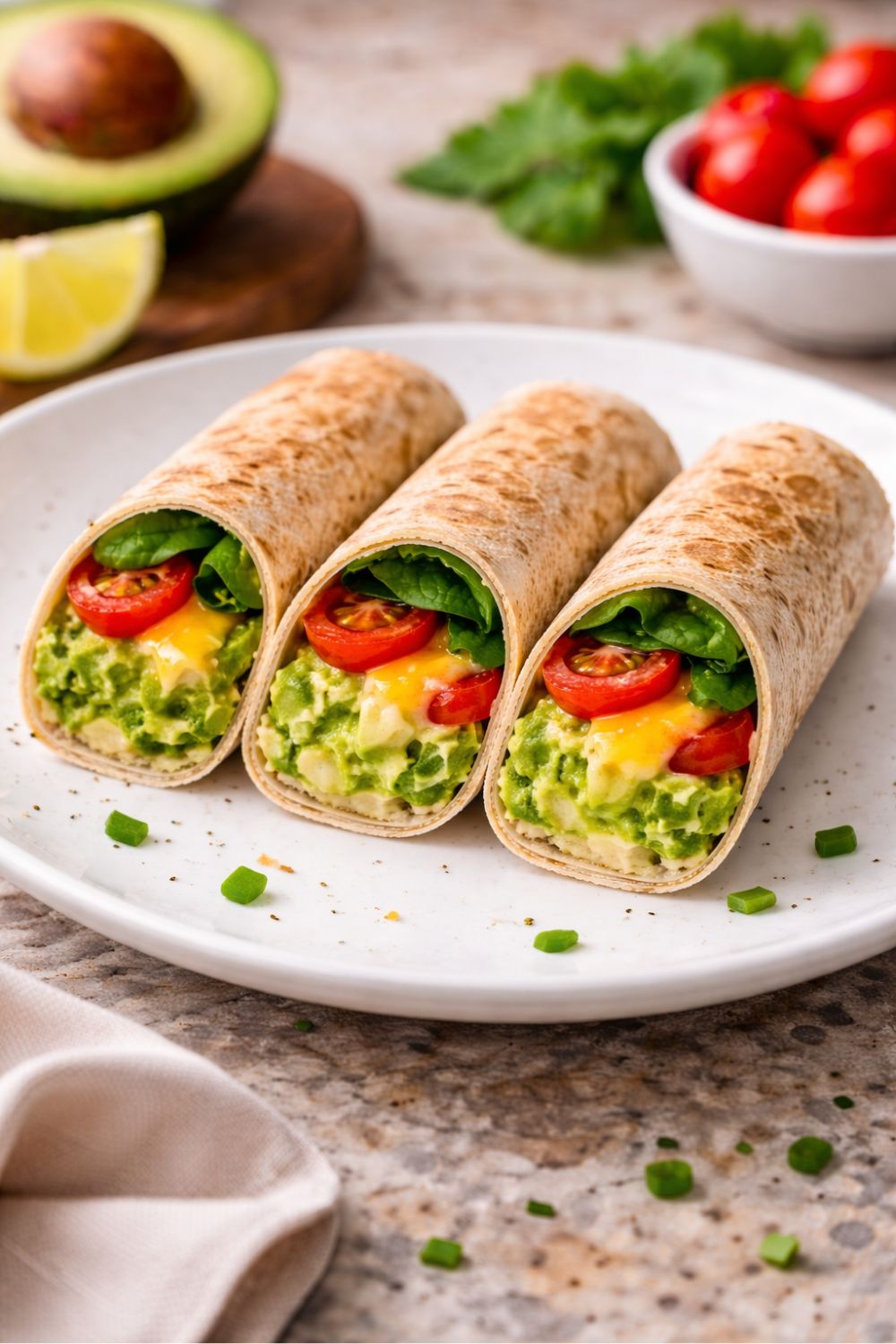 Avokádós wrap sajttal, paradicsommal és friss zöldekkel töltve, tálon tálalva