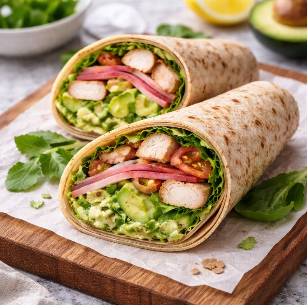 Csirkés avokádós wrap teljes kiőrlésű tortillában, sonkával és friss salátalevelekkel