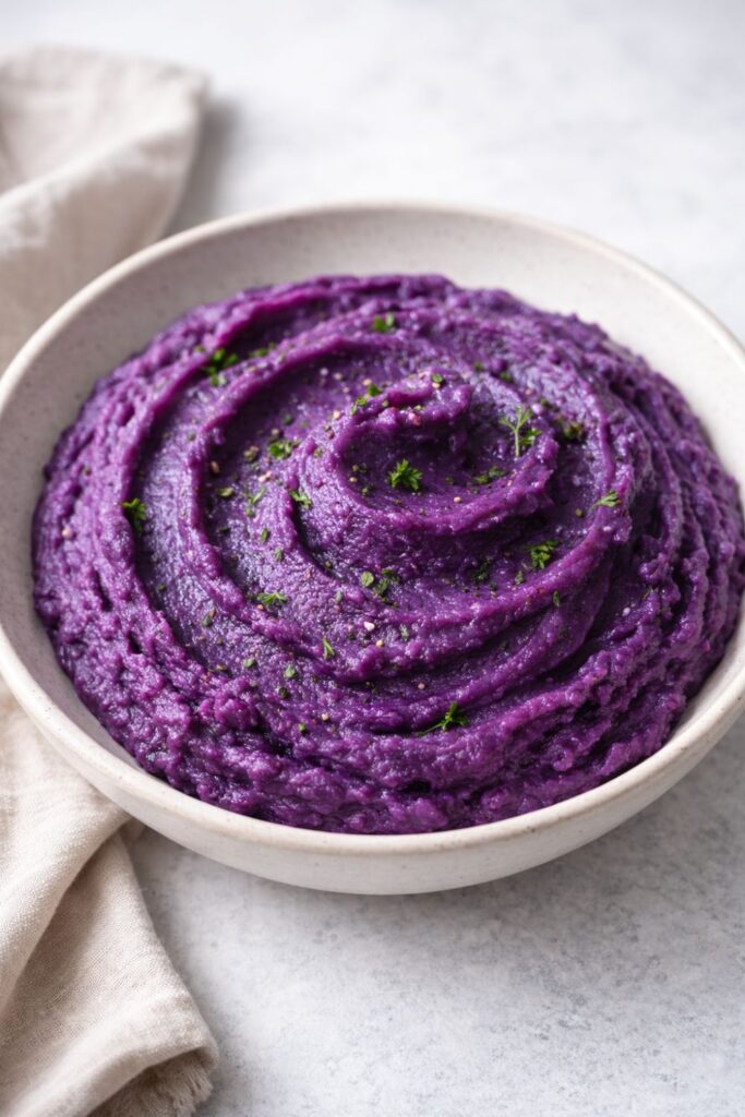 Krémes, sima lila édesburgonya püré tálban, a recept elkészített végeredménye