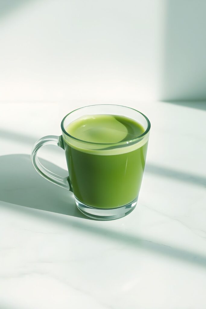 Matcha latte üvegpohárban, minimalista háttér előtt, természetes fénnyel megvilágítva