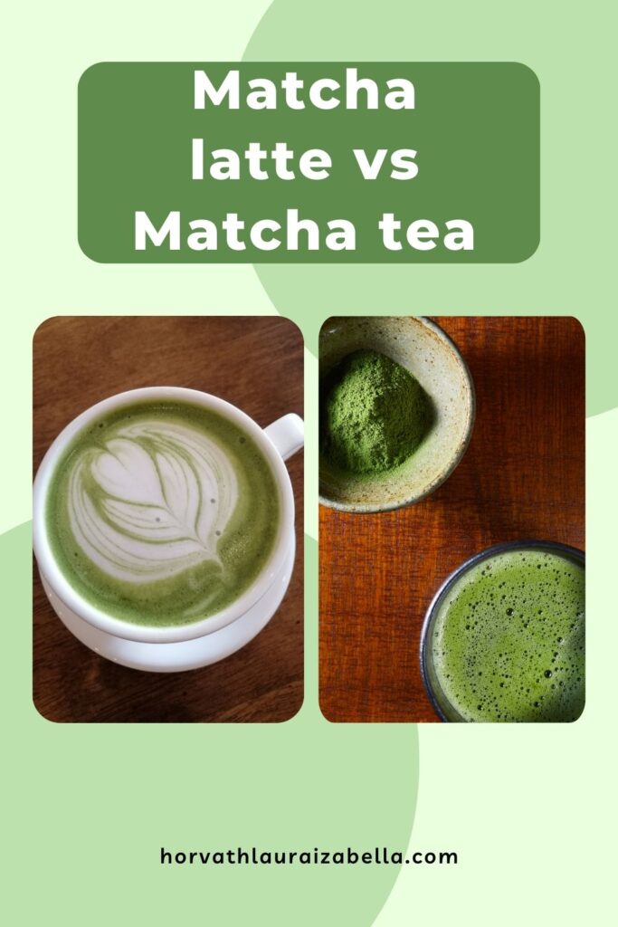 „Matcha latte vs Matcha tea” felíratú összehasonlító grafika, alatta matcha latte fényképével egy csészében és matcha tea fényképével egy pohárban, zöld háttér előtt