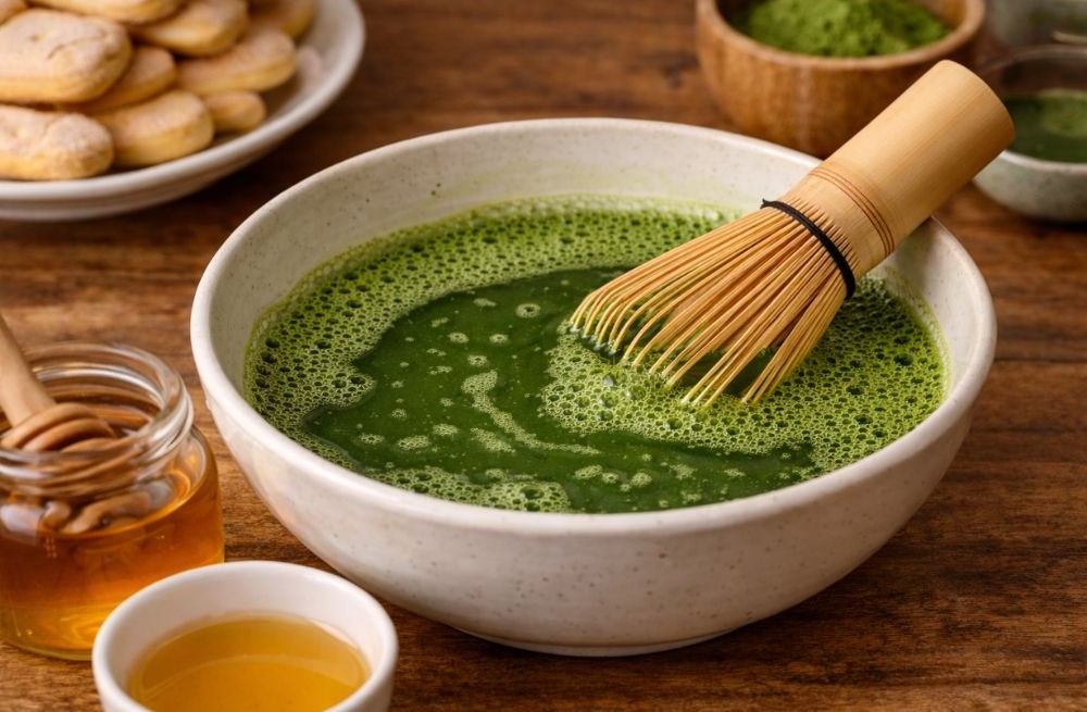 Frissen kikevert matcha tea tálban bambusz habverővel, mellette méz és teáscsésze egy fa asztalon