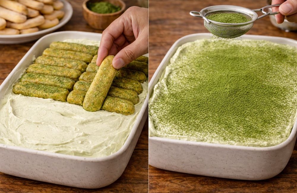 Kettős fotó: bal oldalt matchás piskótát rétegezve egy tálban, jobb oldalt matcha por átszűrve a tiramisu tetejére