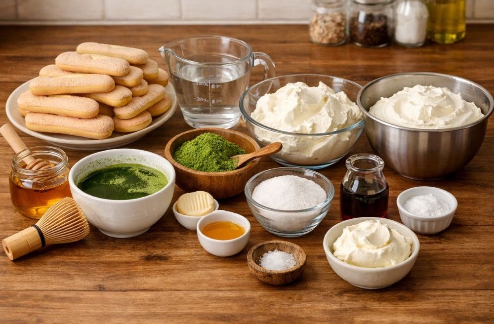 Matcha tiramisu hozzávalói egy fa asztalon: babapiskóta, matcha por, mascarpone krém, tejszín, cukor, vanília és méz tálkákban elrendezve