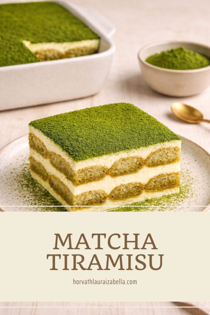 Matcha tiramisu szeletek matcha porral megszórva, arany kanállal és egy tálka matcha porral a háttérben, alul „Matcha Tiramisu” felirattal – Pinterest grafika