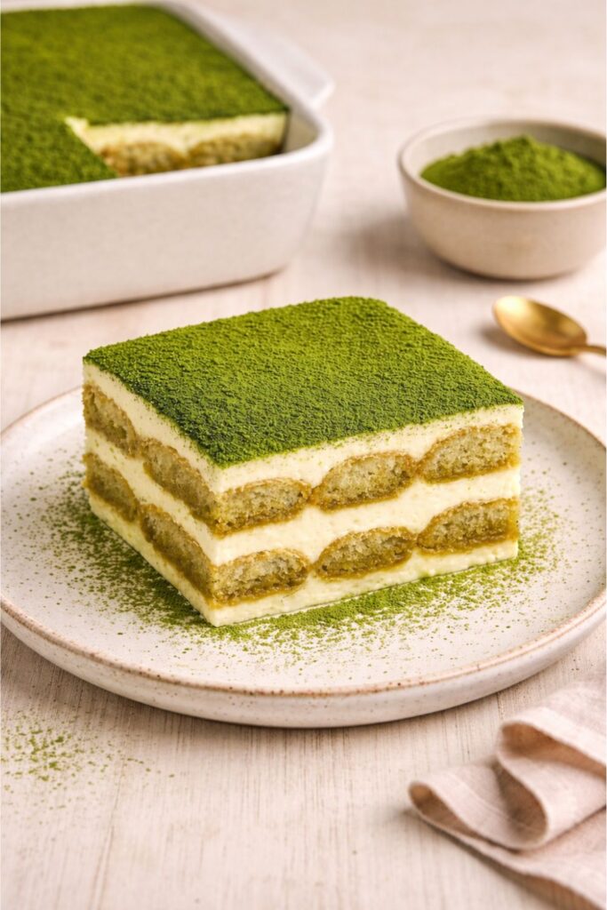 Matcha tiramisu szelet négyszögletes tálban, mellette egy tálkányi szitált zöld matcha por