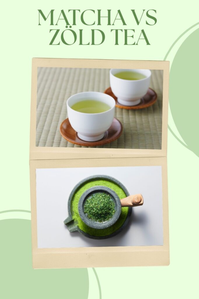 Két csésze frissen főzött zöld tea japán teáskészleten, mellette száraz zöld tealevelek
