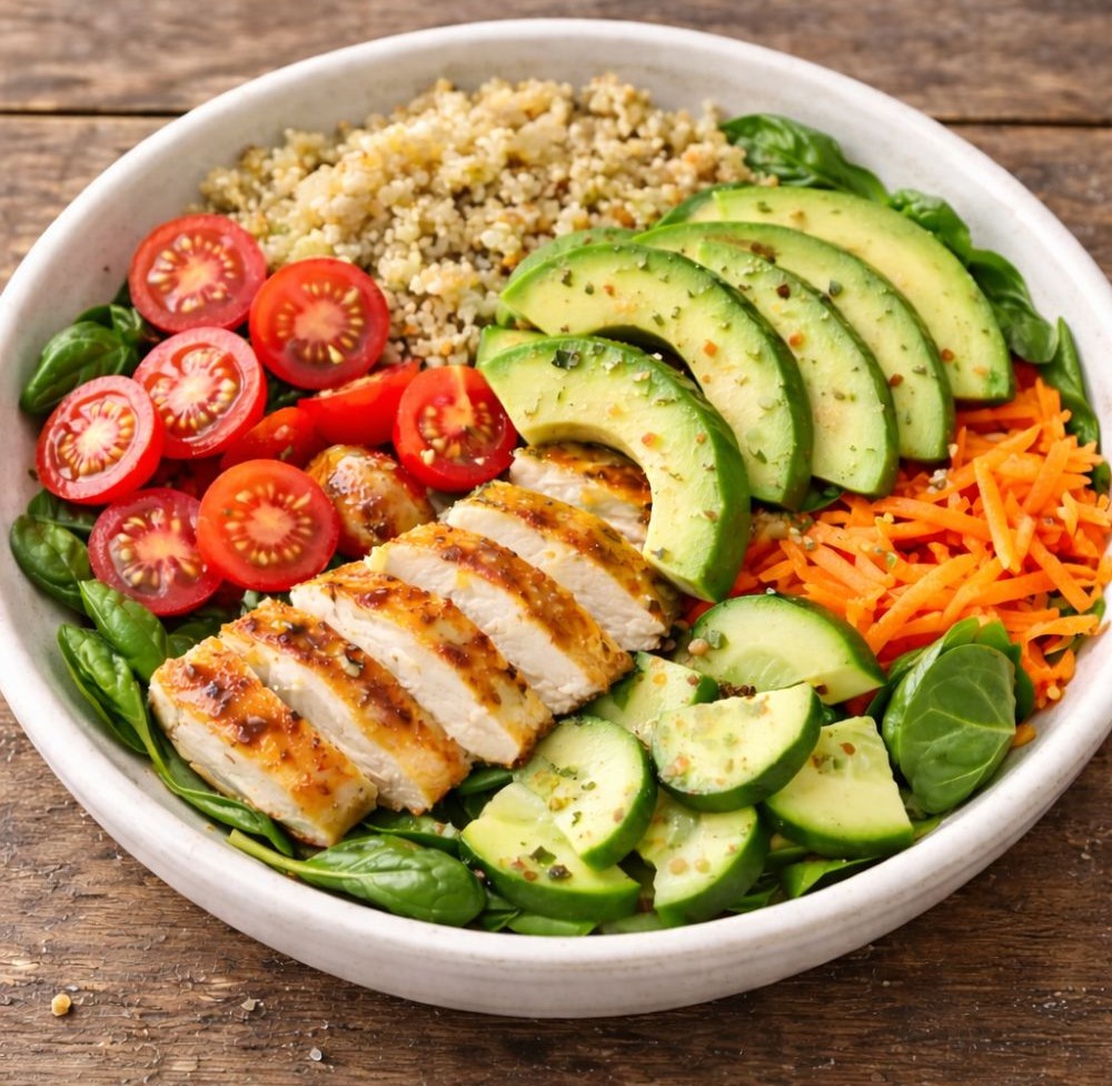 Avokádos csirkés Buddha bowl quinoával, koktélparadicsommal, répareszelékkel és spenóttal tálban