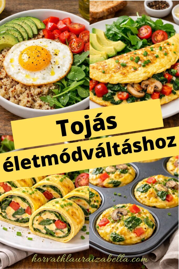 Tükörtojás avokádóval és paradicsommal teljes kiőrlésű pirítóssal, mellette zöldséges omlett spenóttal és gombával - fehérjedús tojásos reggeli