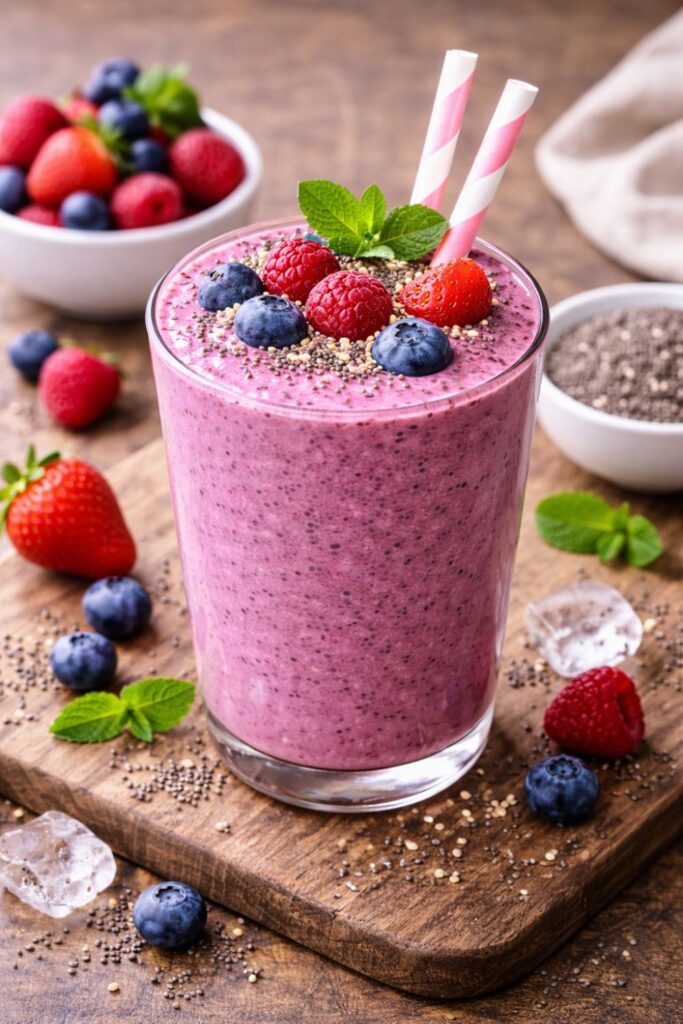 Bogyos gyumölcsös chia smoothie pohárban, málnával, áfonyával, eperrel és mentával díszítve