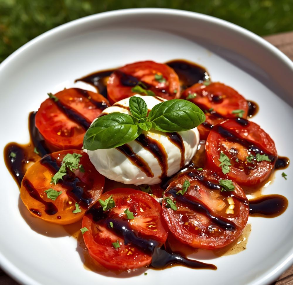 Paradicsomos burrata saláta balzsamkrémmel és friss bazsalikommal