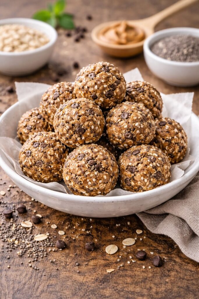 Chia energiagolyók csokidarabokkal és magvakkal