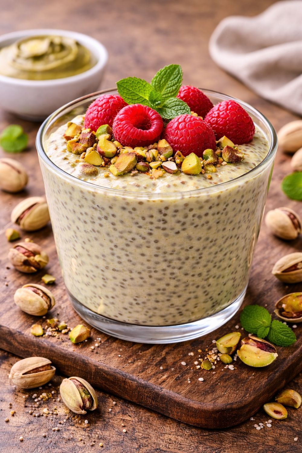 Chia puding pisztáciával és málnával díszítve