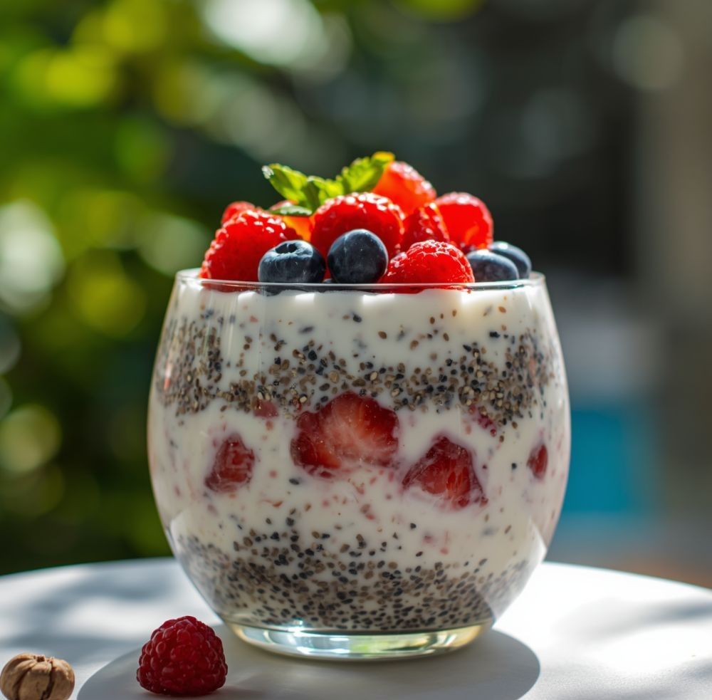 Chia puding réteges joghurttal, eperrel és áfonyával