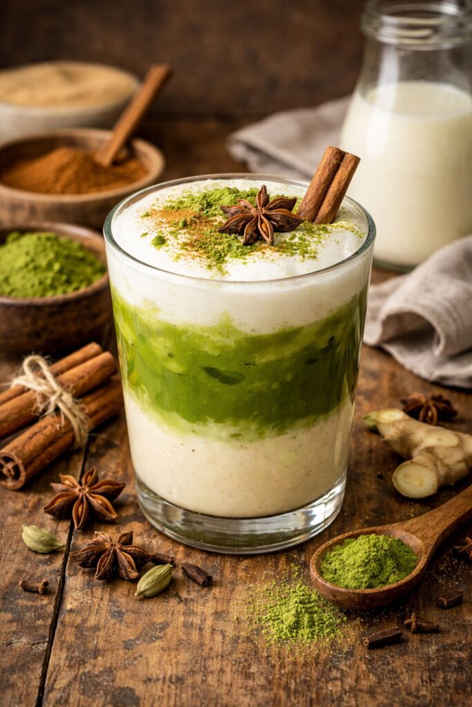 Fűszeres matcha chai latte fahéjrudakkal, ánizzsal és gyömbérrel díszítve, fa asztalon