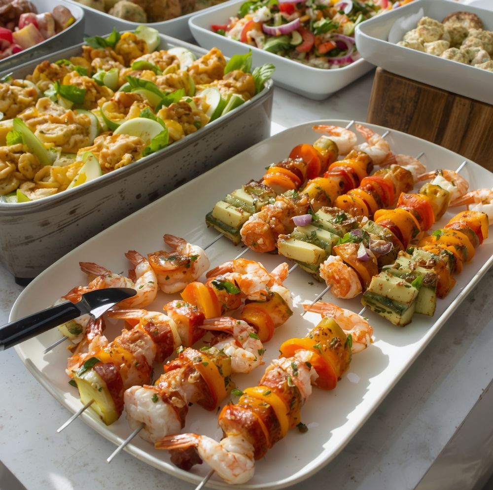 Grillezett garnélás zöldségnyársak tálcán