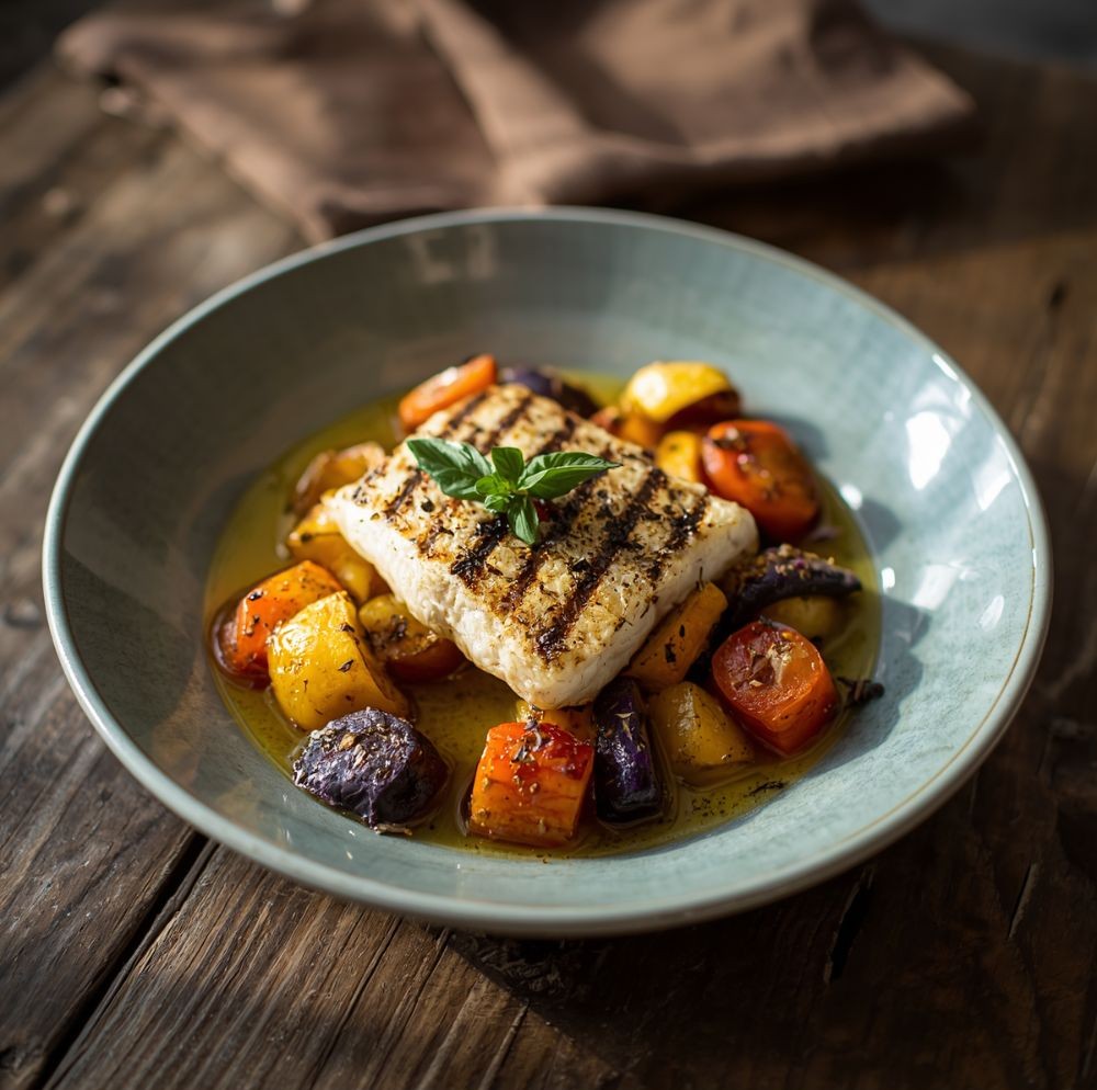 Grillezett halloumi sajt citrommal, olívaolajos gyökérzöldségekkel és bazsalikommal tálalva
