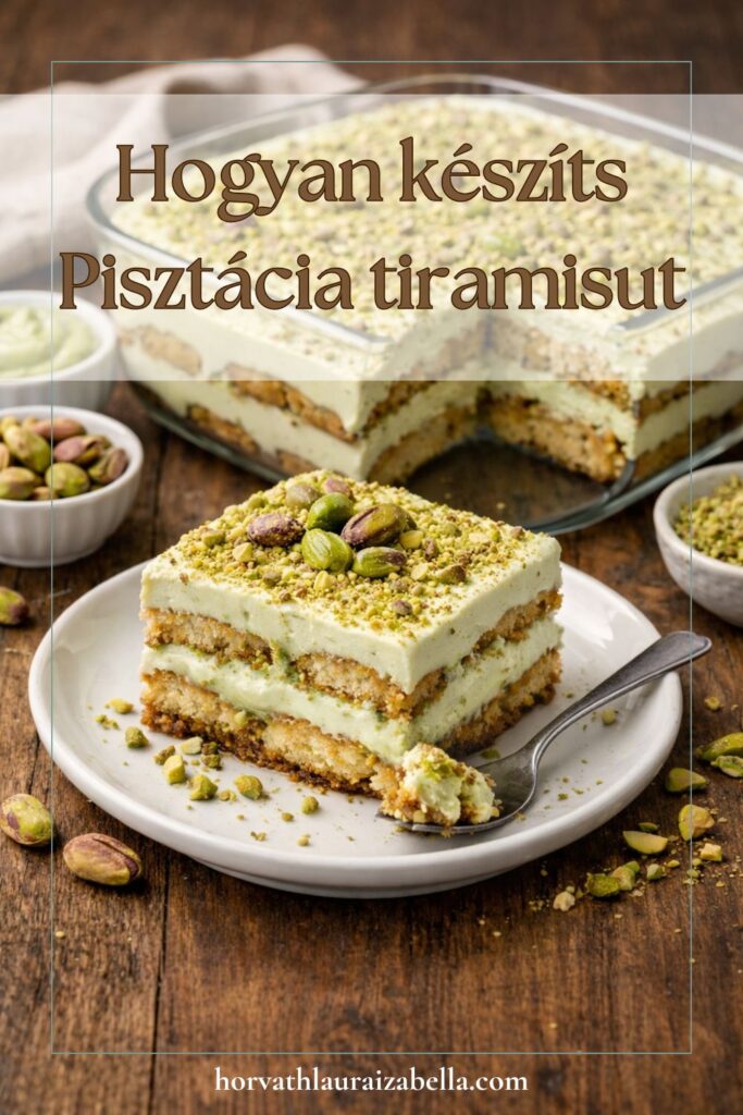 Krémes pisztácia tiramisu szeletek tálalva, aprított pisztáciával megszórva, felette „Hogyan készíts Pisztácia tiramisut” felirattal – Pinterest grafika