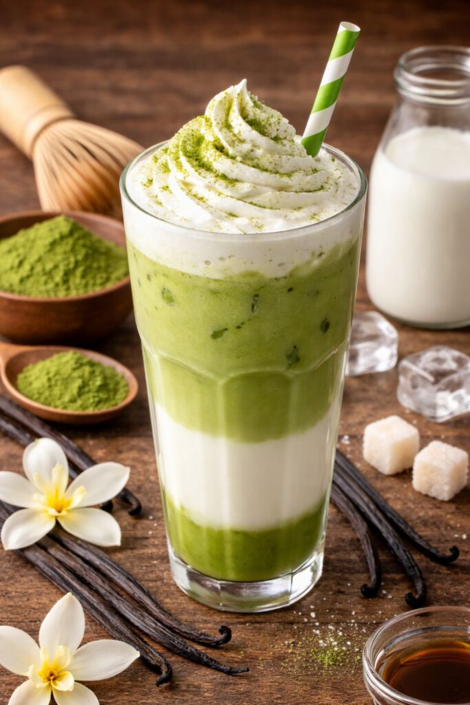 Habos jeges matcha latte szívószállal, valamint vaníliás matcha latte pohárban vaníliarudak és virág mellett