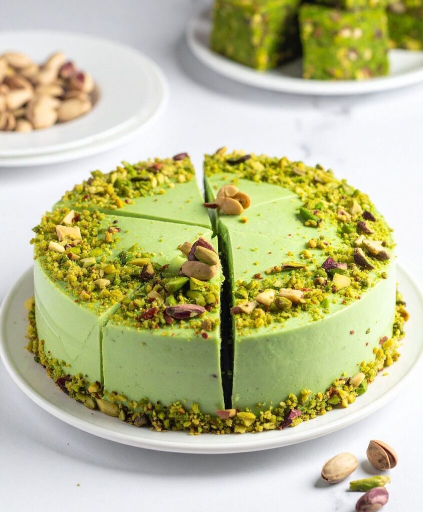 Kerek pisztácia torta, szélén darab pisztáciával megszórva, mellette héjas pisztáciák