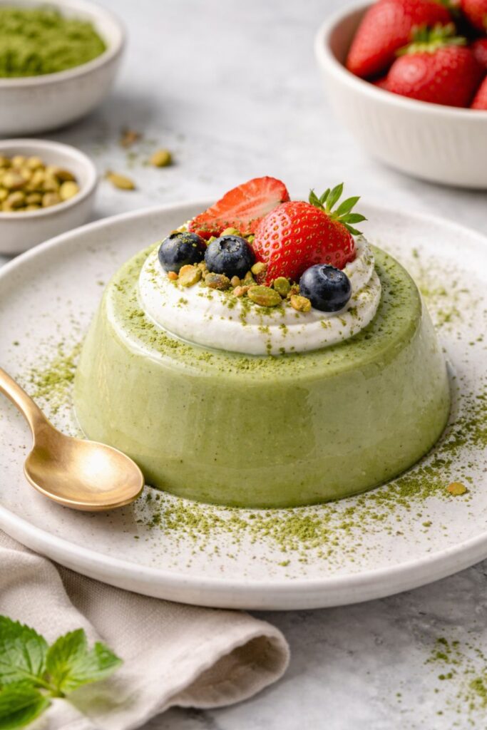 Kétrétegű matcha panna cotta eprével, áfonyával és pisztáciával díszítve, matchaporral megszórva