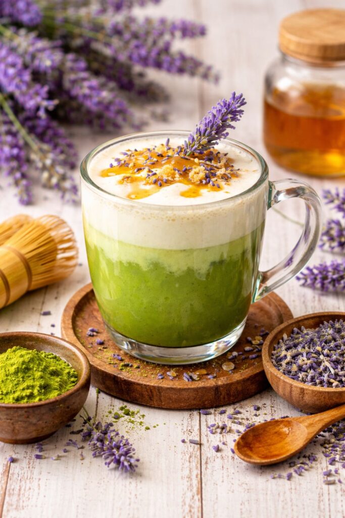 Levendulás matcha latte üvegbögrében, mézzel meglocsolva és szárított levendulával díszítve