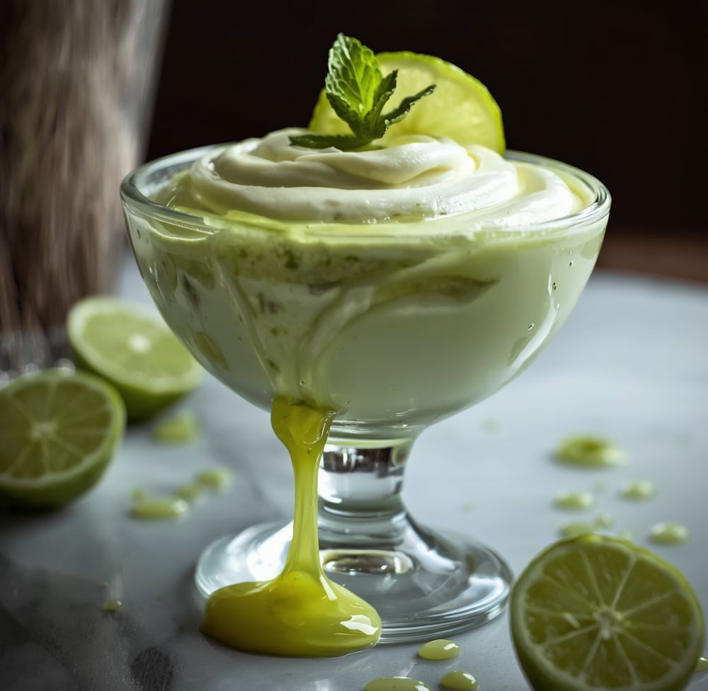 Lime mousse pohárban tálalva, friss lime szeletekkel és mentalevelekkel díszítve