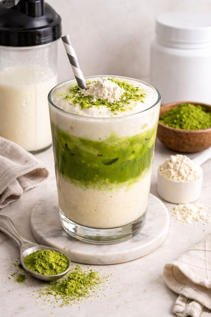 Réteges fehérjés matcha turmix pohárban, fehérjeporral és matcha porral díszítve, márvány felületen