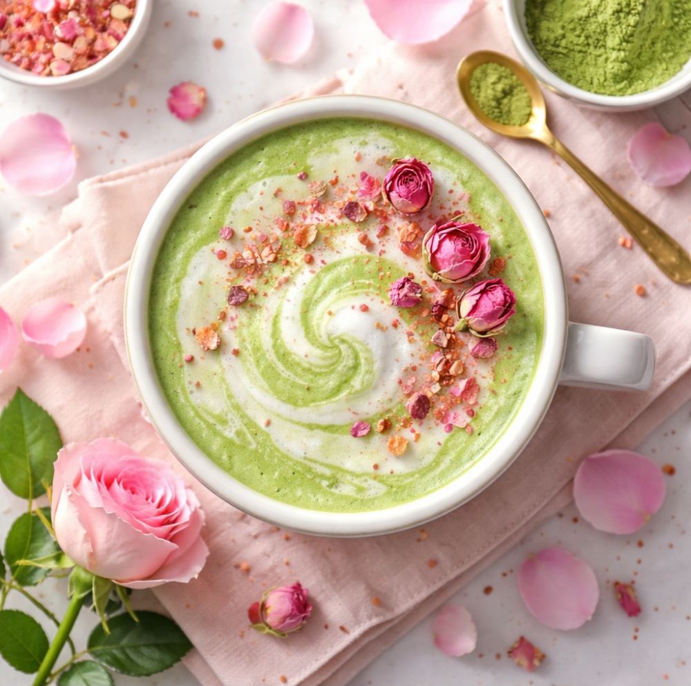 Rózsás matcha latte fehér bögrében, tetején rózsaszirmokkal díszítve, friss rózsák mellett