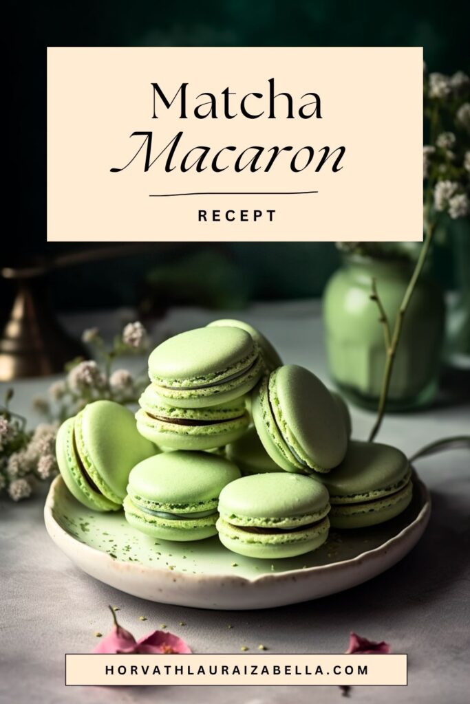Zöld matcha macaronok stócba rakva egy kerámia tányéron, körülöttük szárított virágdekorációval – matcha macaron recept Pinterest képe