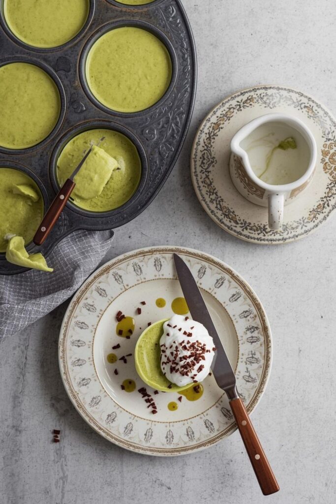 Matcha panna cotta kiformázva, tejszínhabbal és kakaódarával megszórva, díszes terítékű tányéron tálalva, késsel és matchaszósszal
