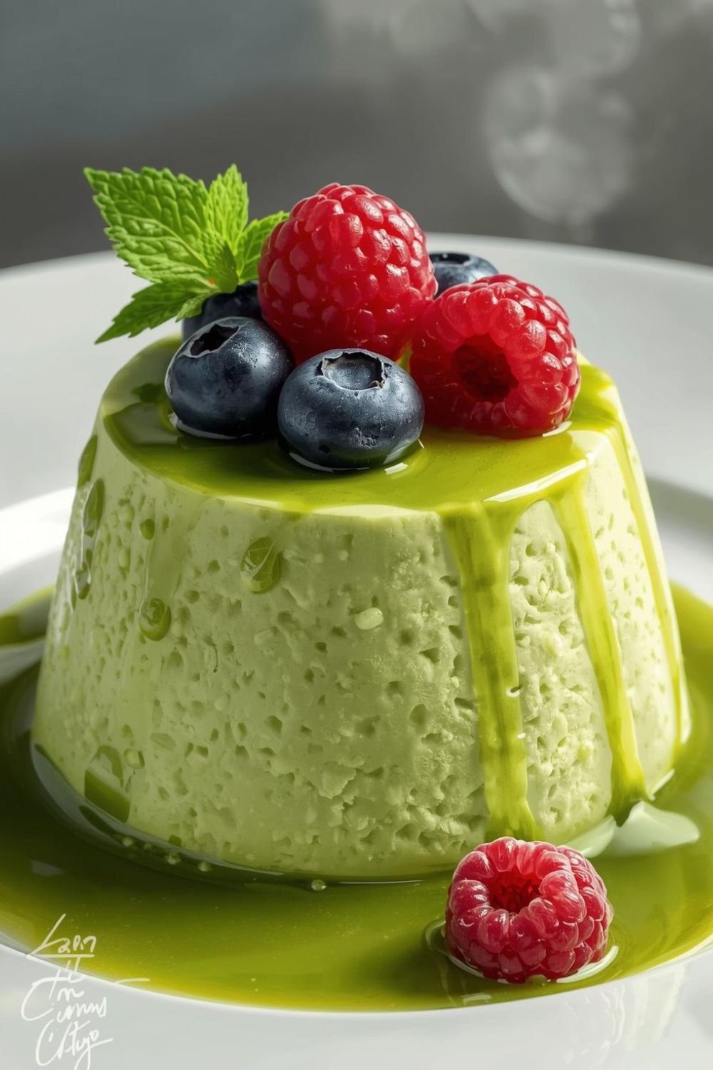 Matcha panna cotta málnával és áfonyával díszítve