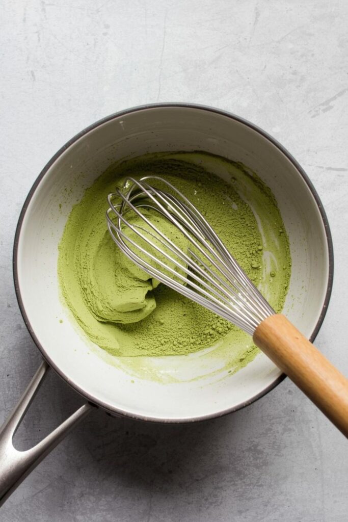Matcha panna cotta massza keverése habverővel tálban