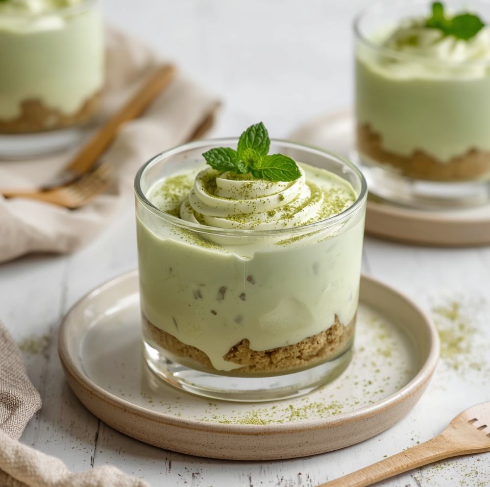 Matcha rétegdeszert pohárban, keksz alappal és mentával