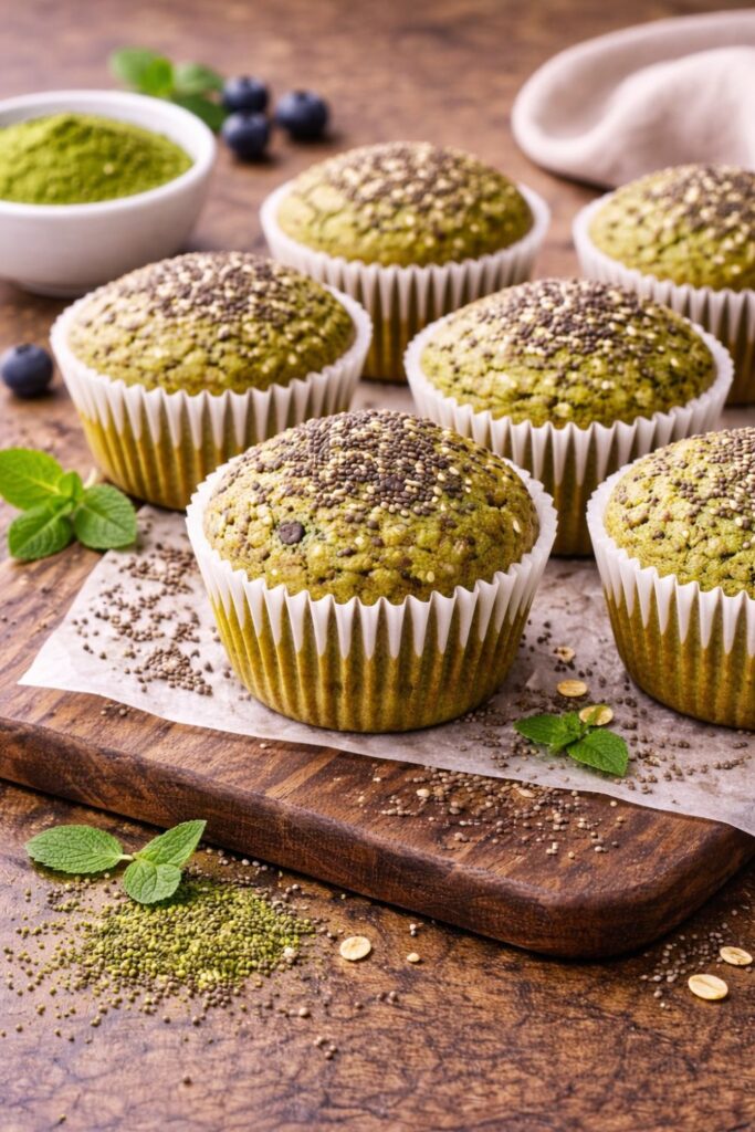 Matchás chia muffin friss mentalevéllel díszítve