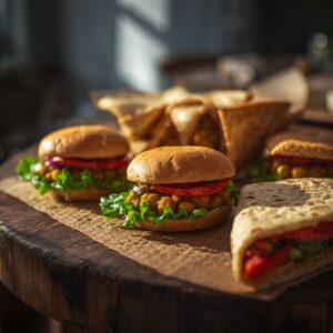 Mini húsburgerek friss zöldségekkel és tortillachipsszel
