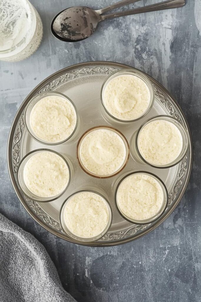Panna cotta adagok kis üveg formákban tepsire helyezve dermesztés előtt