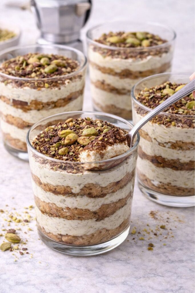 Pisztácia tiramisu pohárdesszertként tálalva, rétegesen, aprított pisztáciával és kakaóval megszórva