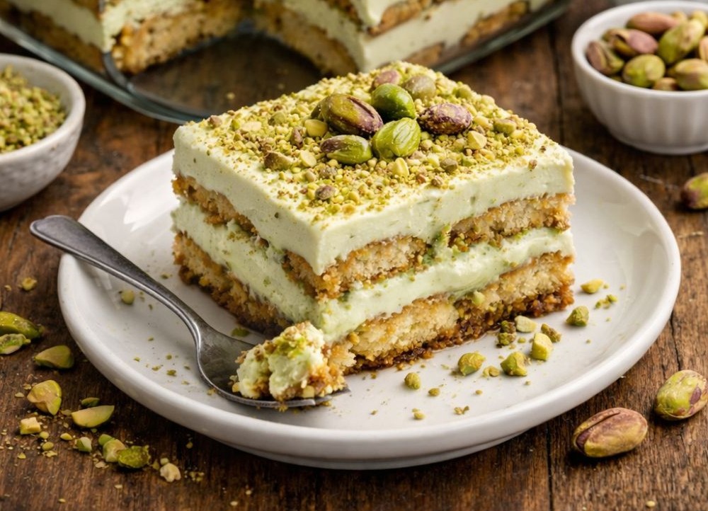 Pisztácia tiramisu szelet tányéron