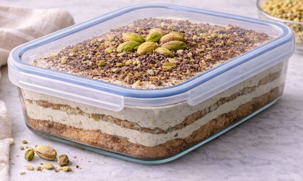 Pisztácia tiramisu légmentesen záró tárolódobozban, kész tárolásra vagy hűtőbe tevésre