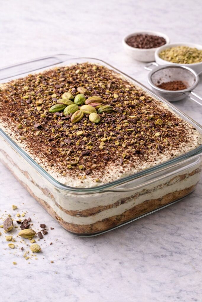 Pisztácia tiramisu üvegtálban, márvány felületen, pisztáciaszemekkel körülvéve