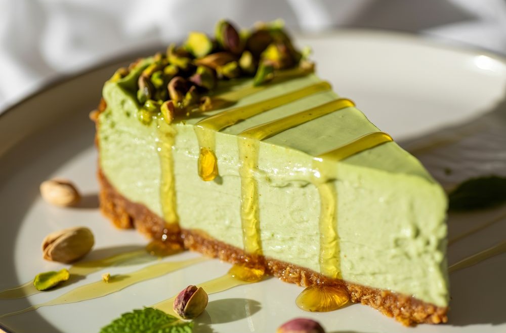 Pisztáciás sajttorta szelet mézzel meglöccsantva
