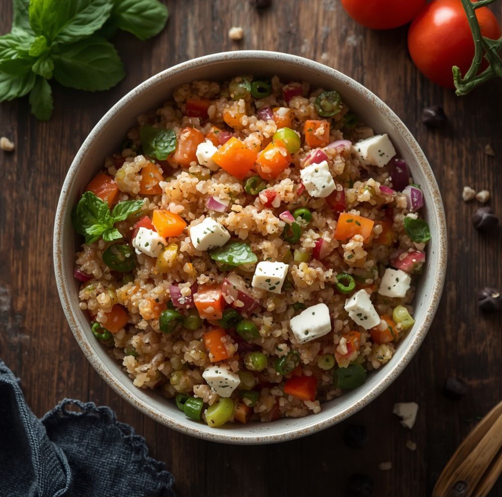 Quinoa saláta feta sajttal, friss zöldségekkel és zöldborsóval tálalva