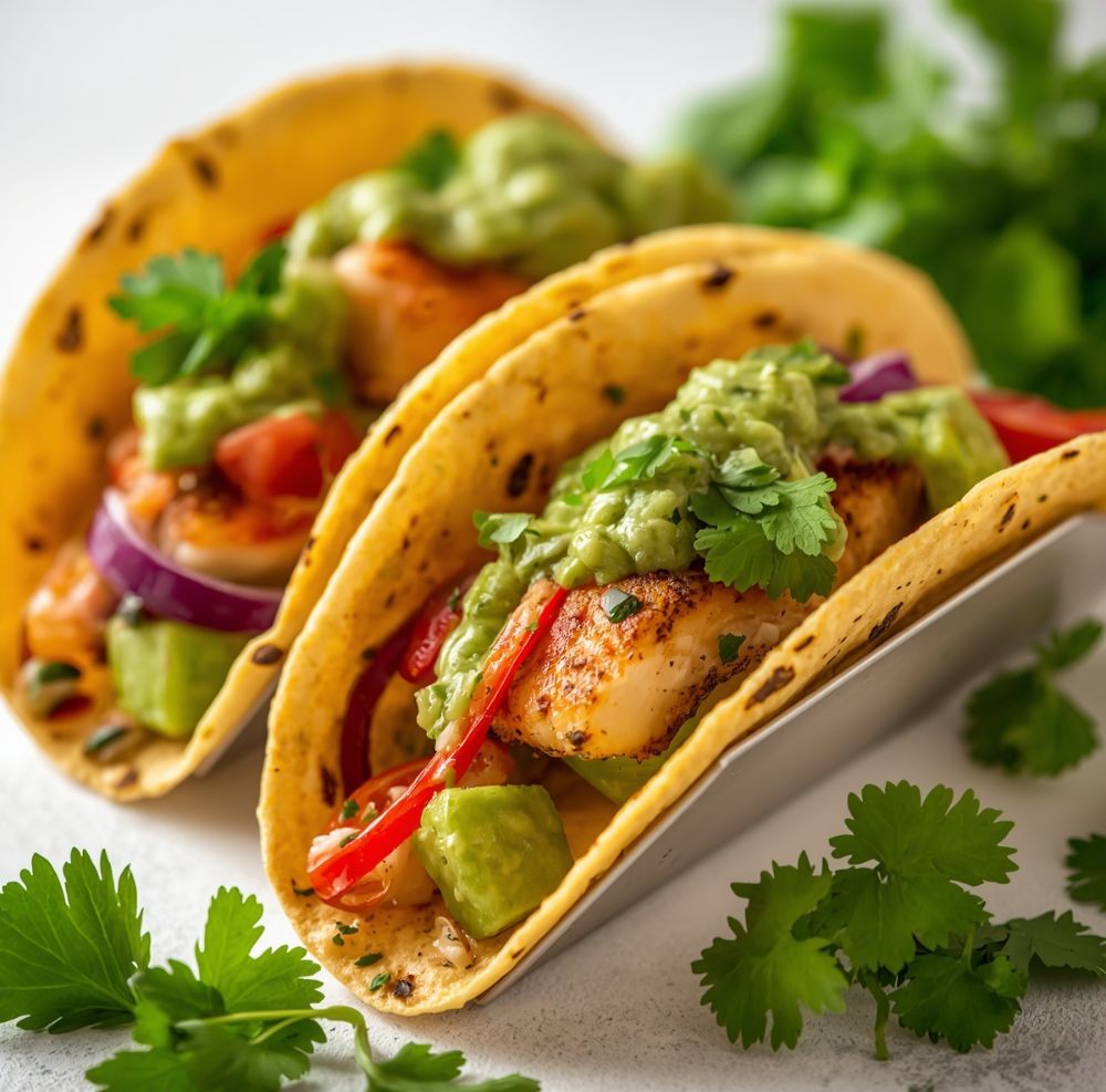 Halas tacók grillezett fehér hallal, guacamoléval és friss zöldségekkel