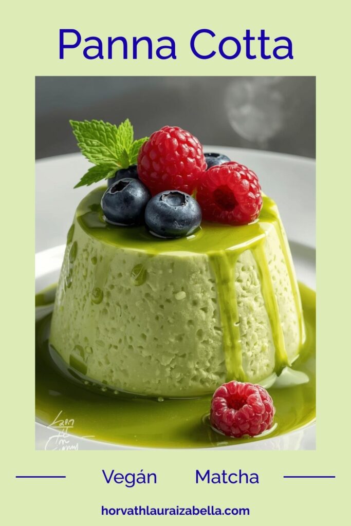 Vegán matcha panna cotta friss málnával, áfonyával és mentalevéllel díszítve